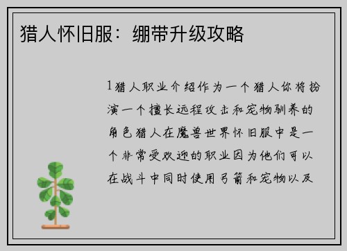 猎人怀旧服：绷带升级攻略