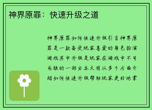 神界原罪：快速升级之道